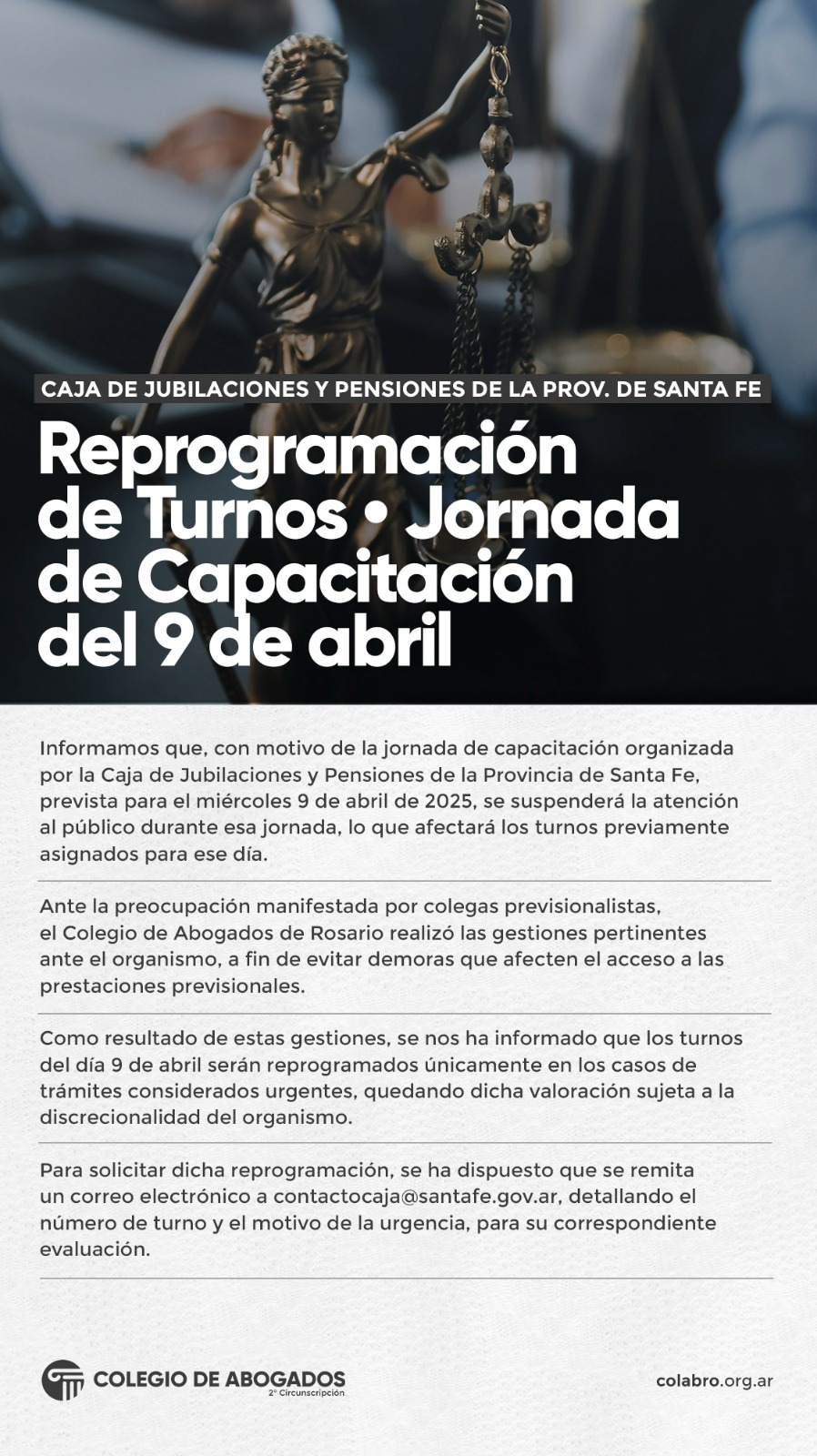 Caja de Jubilaciones y Pensiones de la Provincia de Santa Fe:  Reprogramación de Turnos – Jornada de Capacitación del 9 de abril